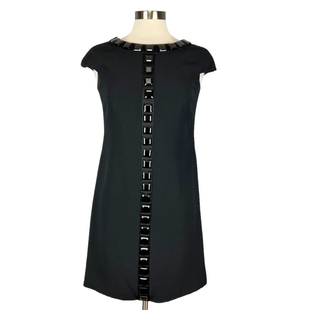Badgley Mischka Womens Beaded Short Sleeve Shift Mini Dress Black size 8